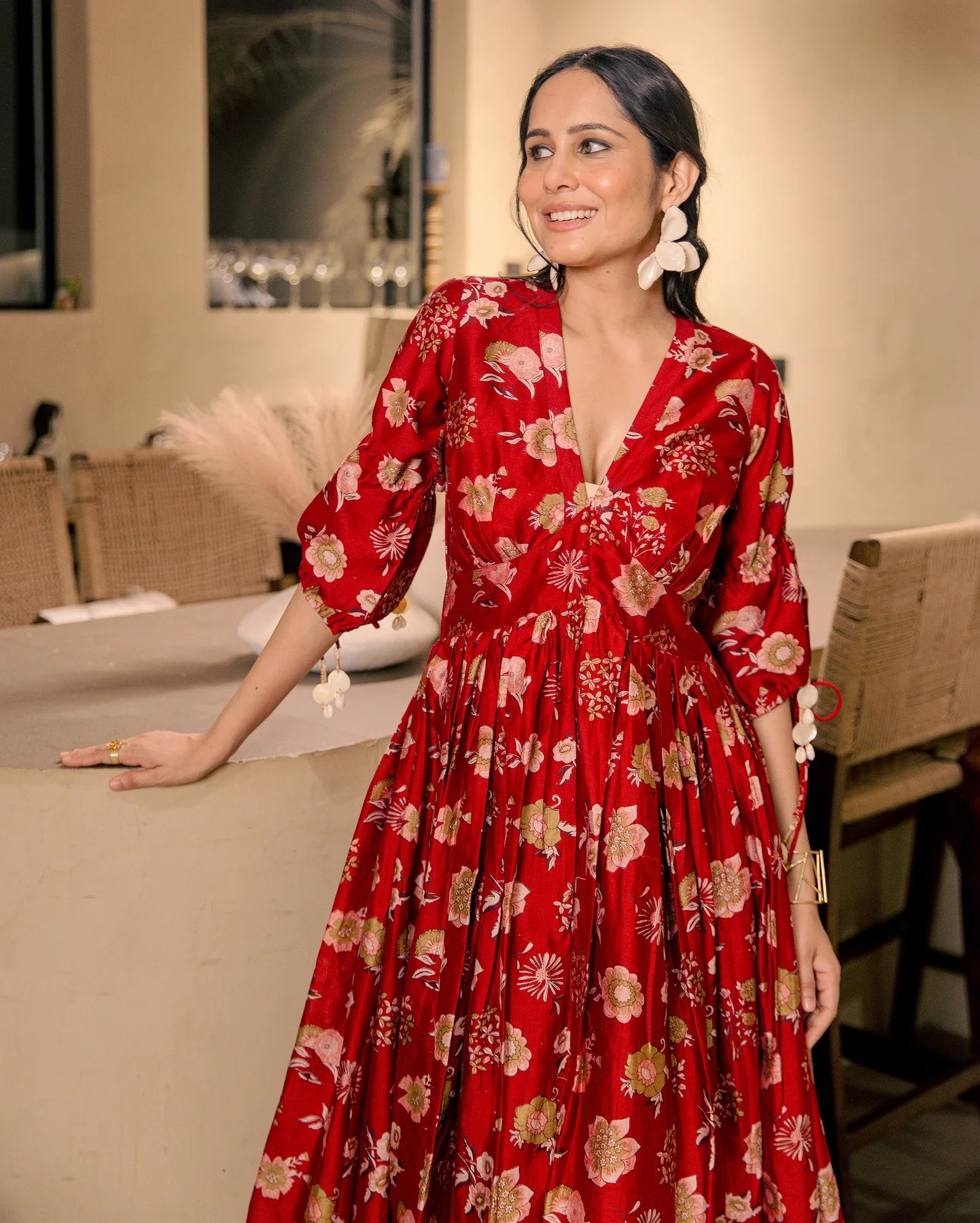 Lightweight Red Muslin Printed Dress with Flattering Fit and Modern Appeal
