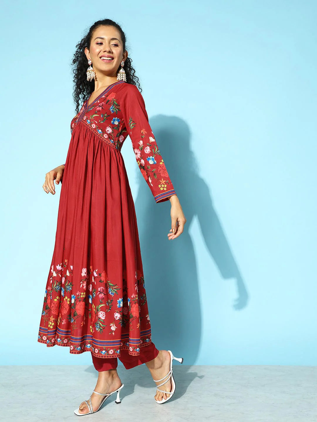 Festive Red Anarkali Kurta Set for Women with Tonal Trousers and Soft Chiffon Dupatta