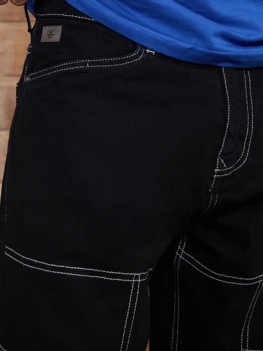 Street Style Black Loose Fit Jeans for Men with Stylish Contrast Stitch