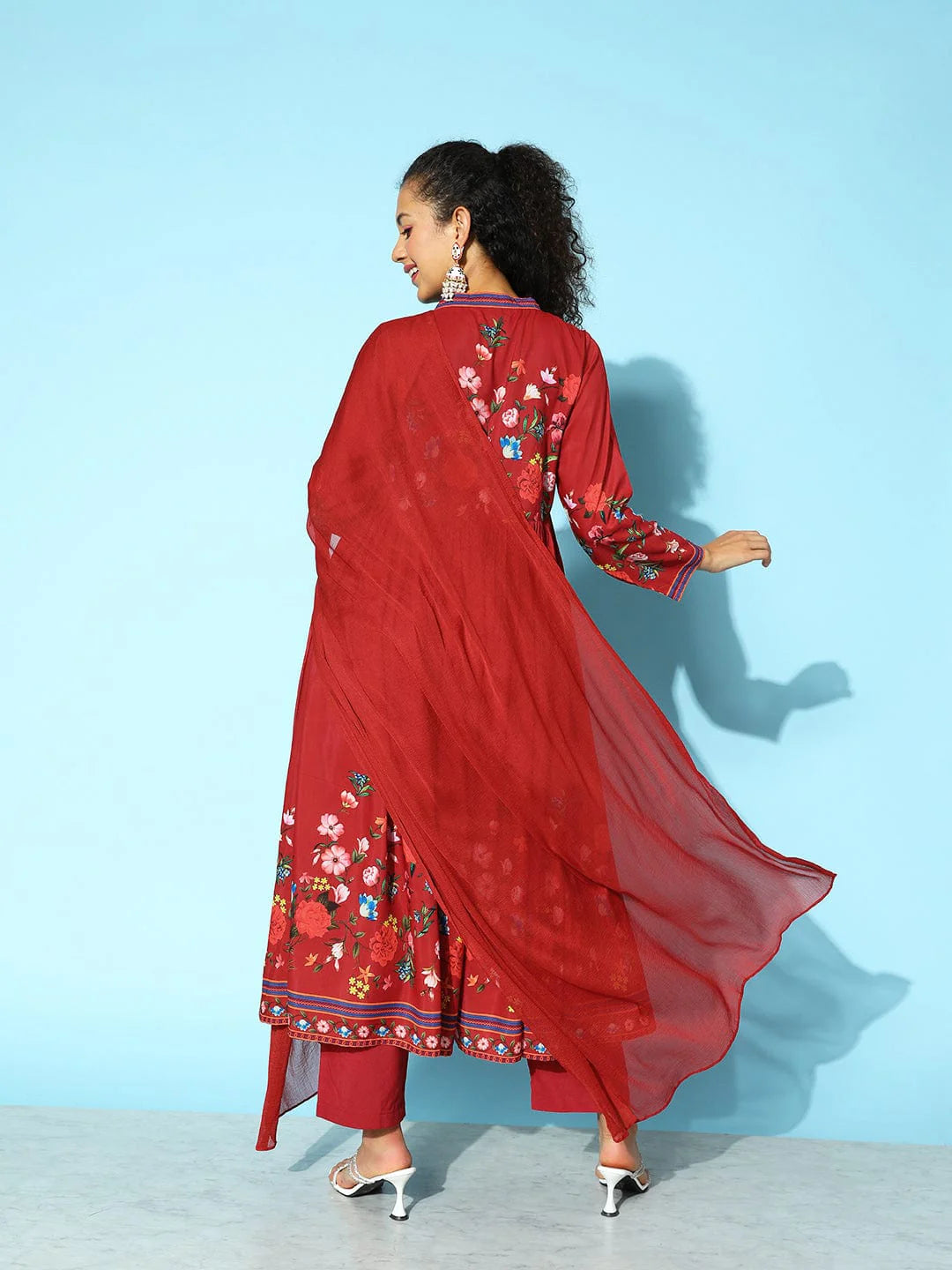 Festive Red Anarkali Kurta Set for Women with Tonal Trousers and Soft Chiffon Dupatta