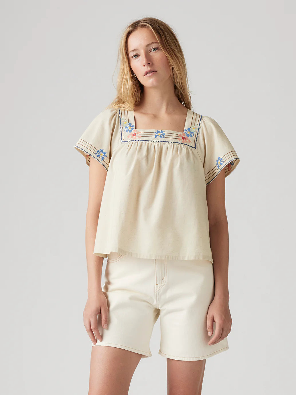 Casual Women’s Cream Square Neck Top with Embroidered Detailing for All-Day Wear