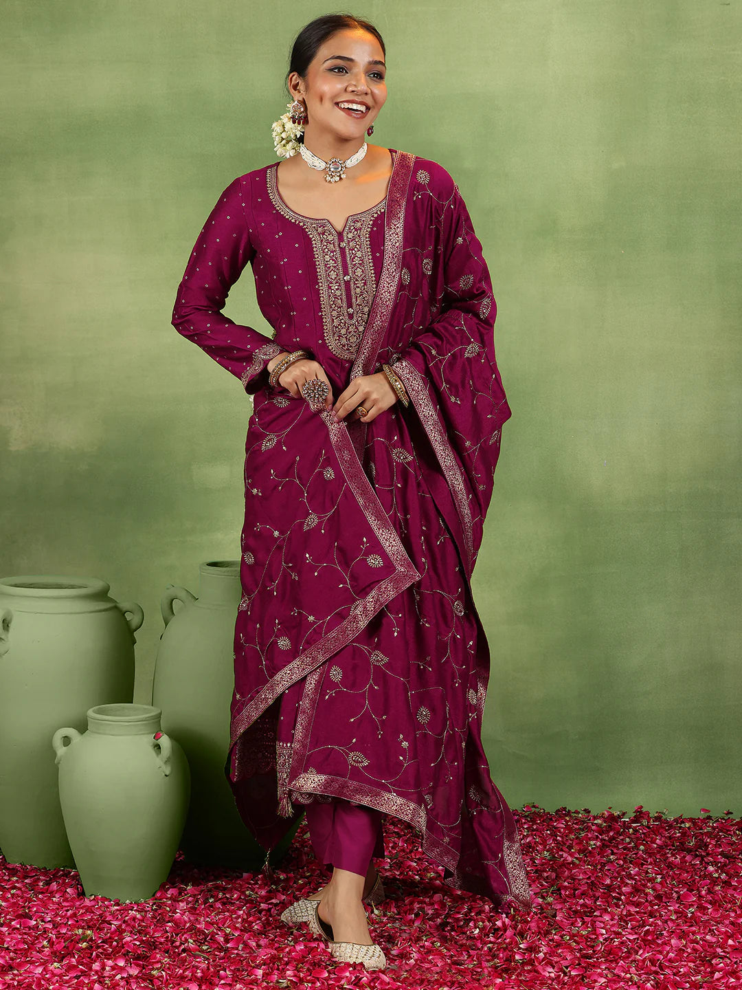 Maroon Silk Blend Anarkali Ensemble with Detailed Embroidery and Flowing Dupatta
