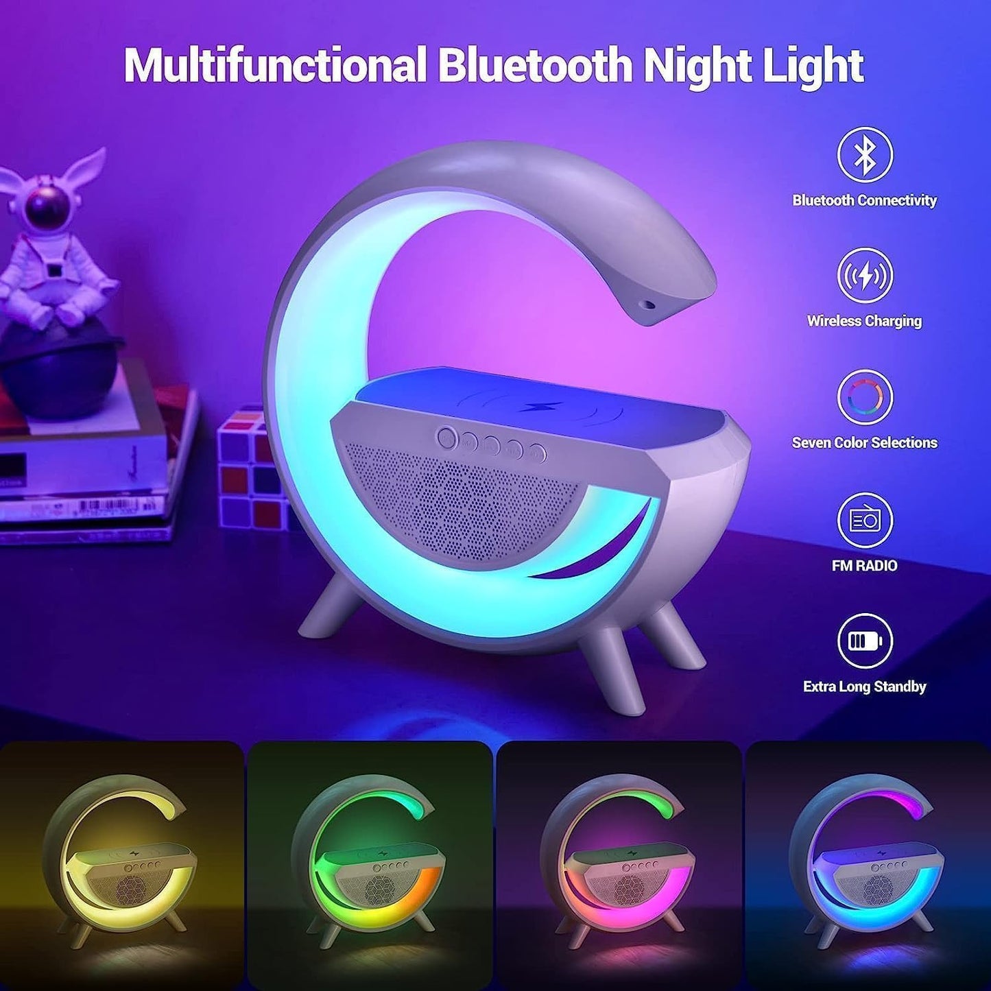 Multi Function Night Light with Bluetooth Speaker 15W Wireless Charger and Rechargeable LED Desk Lamp for Room and Bedside