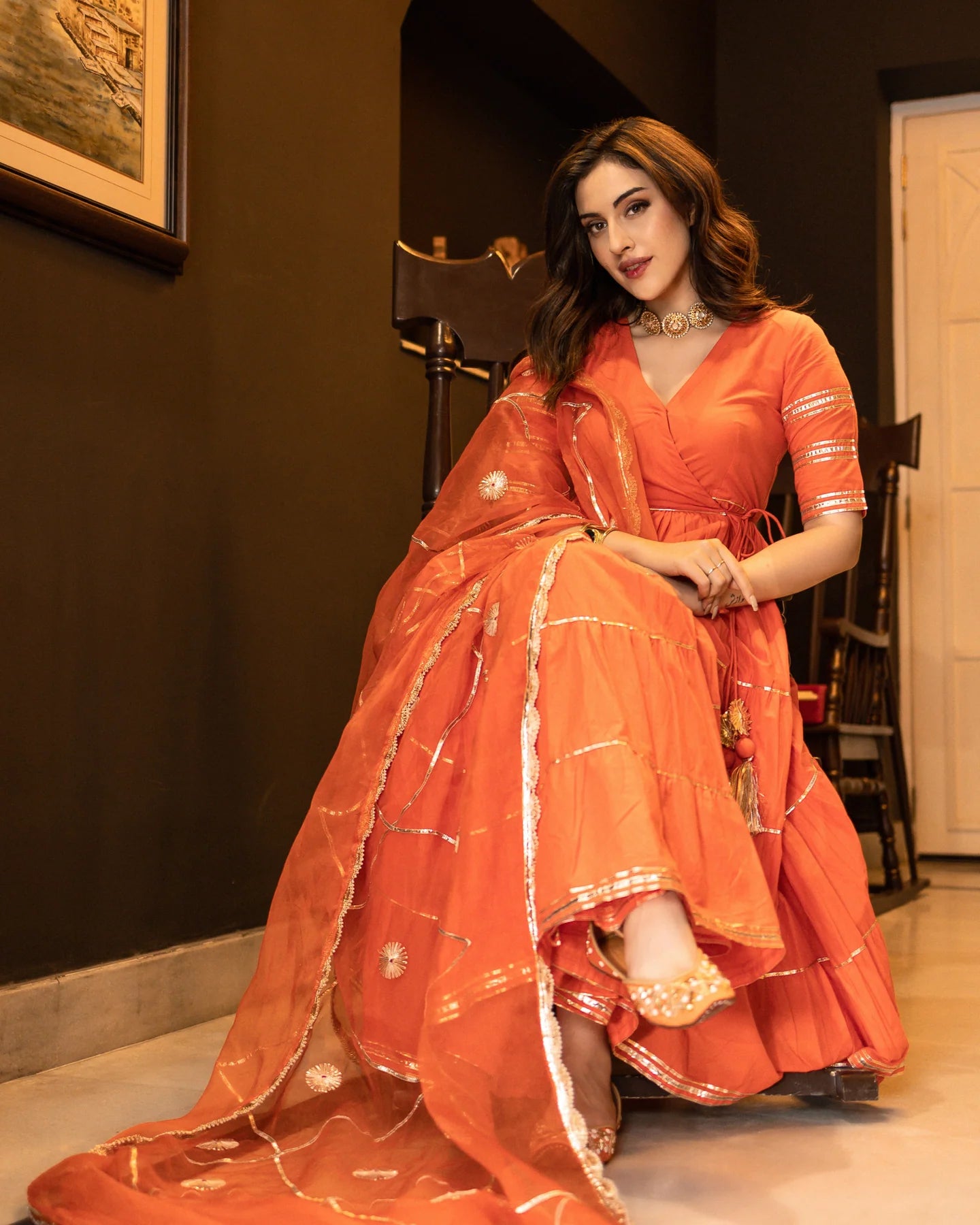 Stylish Neria Tier Suit Set with Detailed Gotapatti Work and Multi-Layered Flared Silhouette for Weddings and Special Occasions