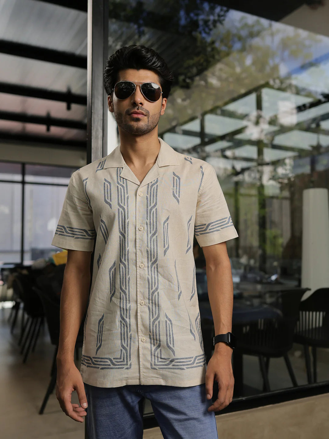 Elegant Beige Casual Shirt for Men with Subtle Panel Print and Classic Collar