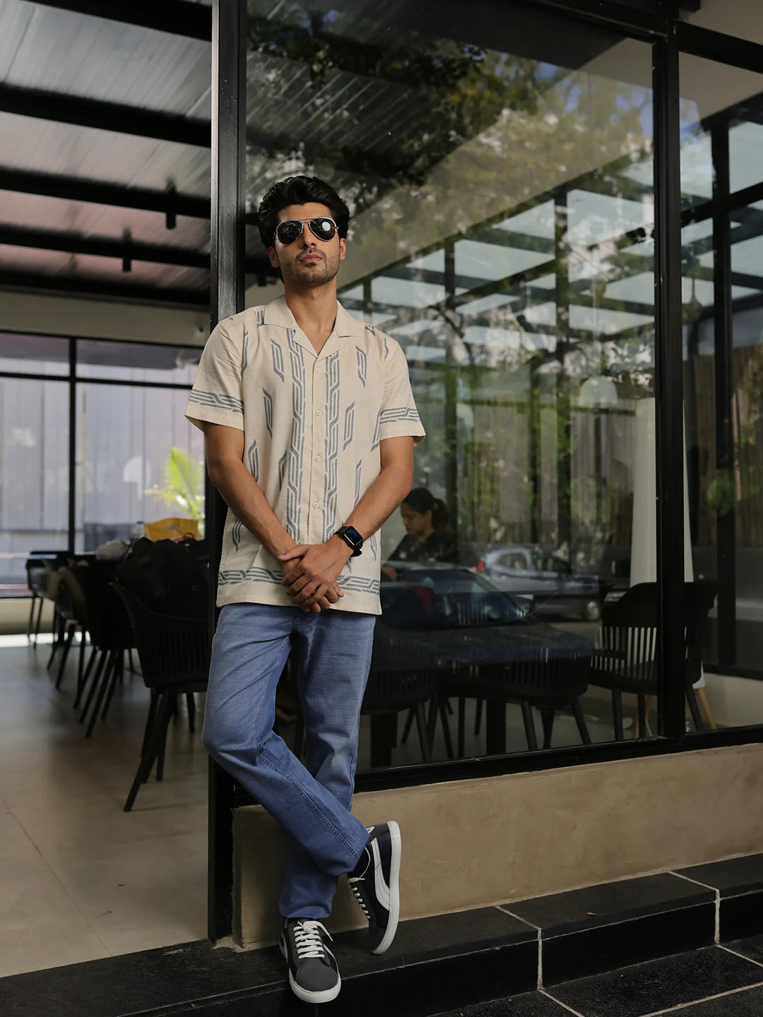 Elegant Beige Casual Shirt for Men with Subtle Panel Print and Classic Collar