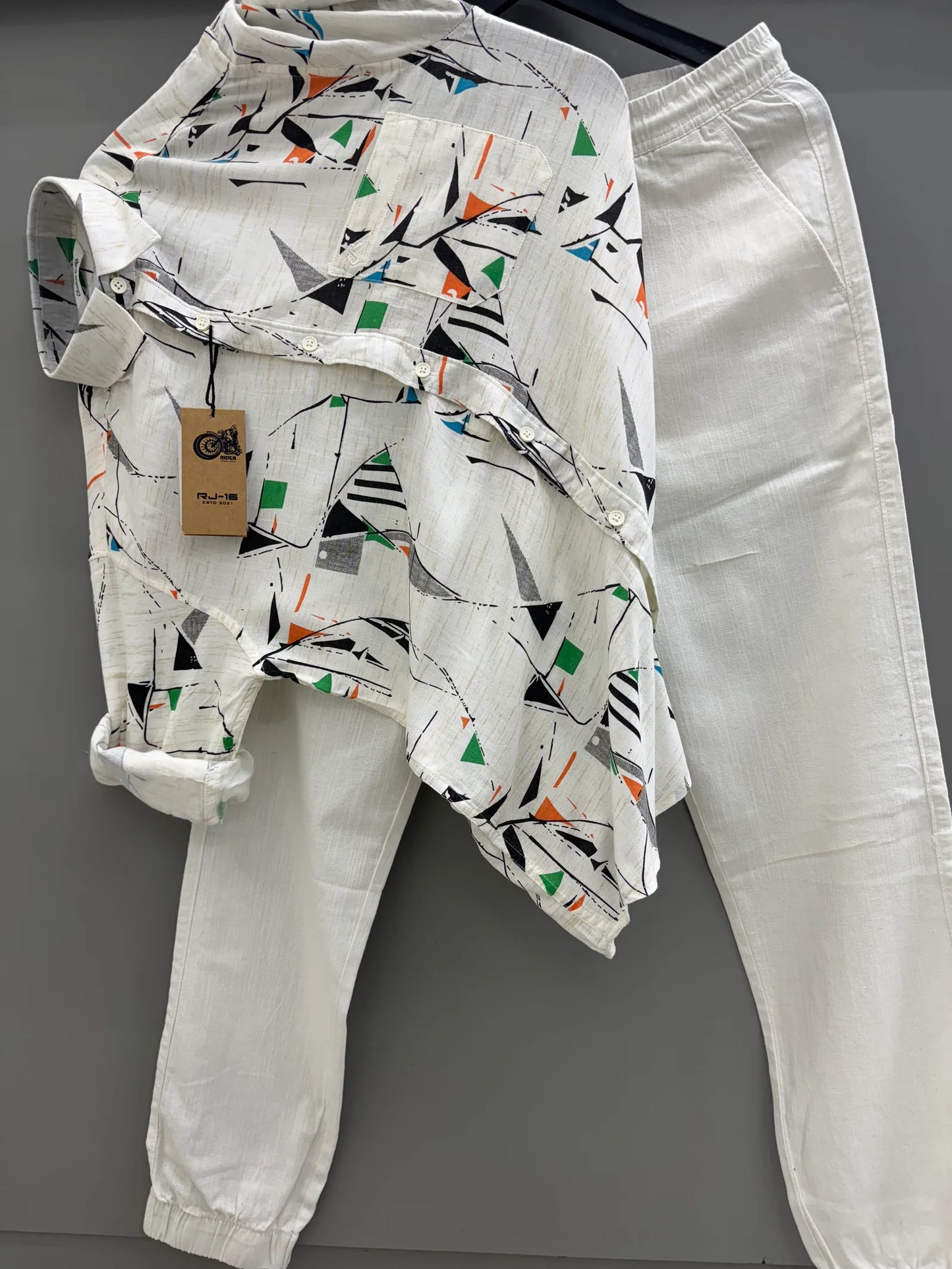 Men’s Modern Linen Two Piece Outfit with Triangle Printed Shirt and White Pant for Smart Casual Look