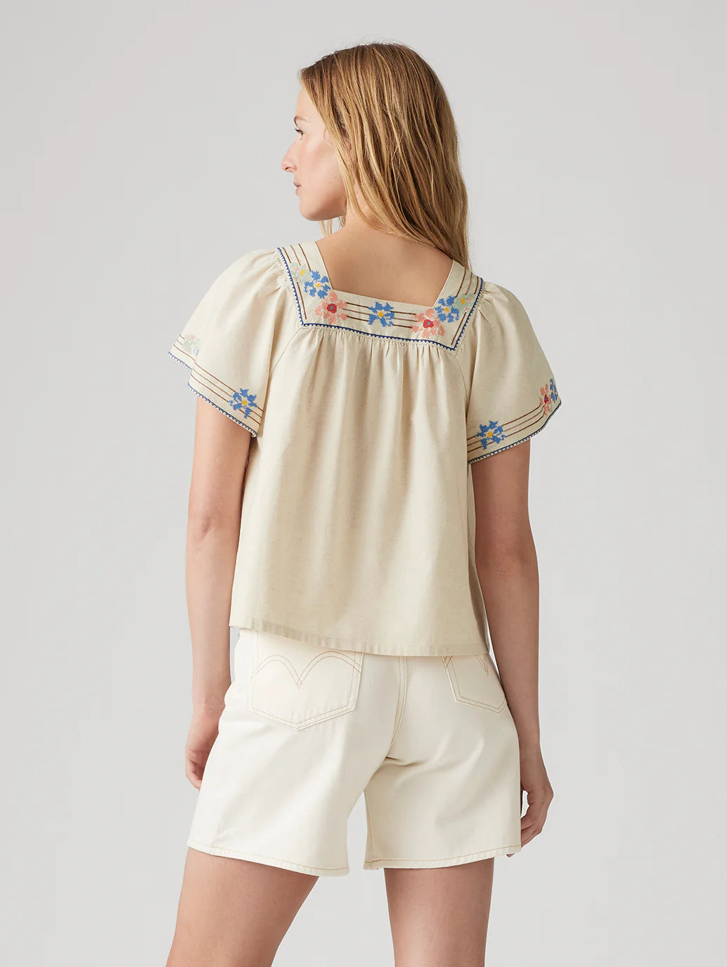 Casual Women’s Cream Square Neck Top with Embroidered Detailing for All-Day Wear