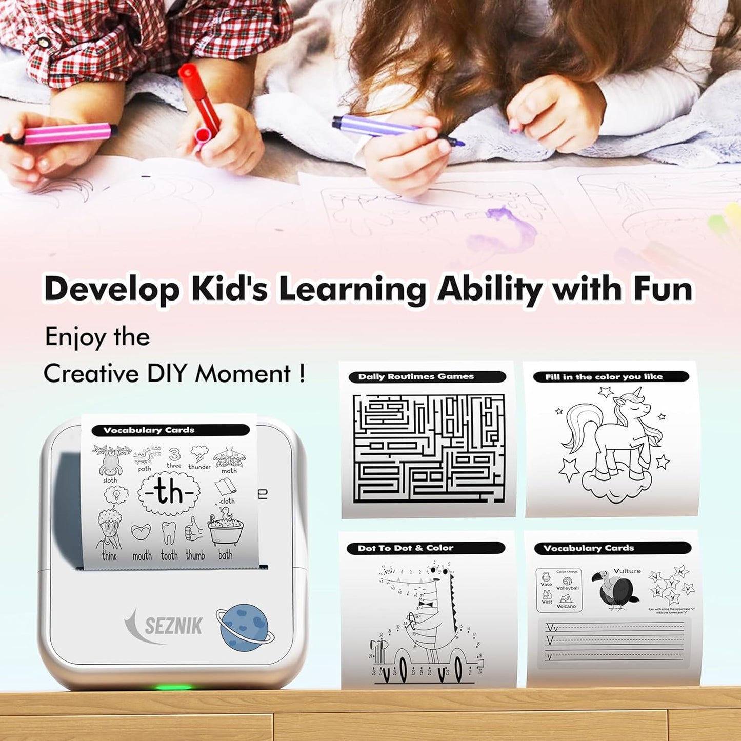 Portable Mini Printer Bluetooth Thermal Printer Wireless Home Printer Compatible with Android and iOS 1 Year Warranty