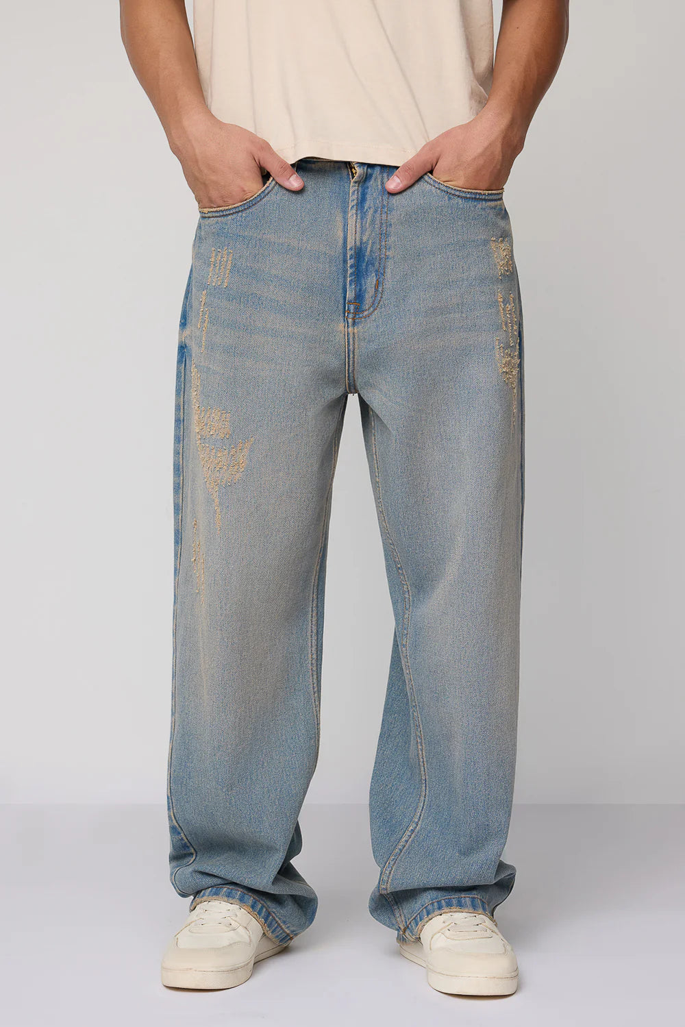 Classic Calm Blue Baggy Straight Fit Jeans for Men Streetwear