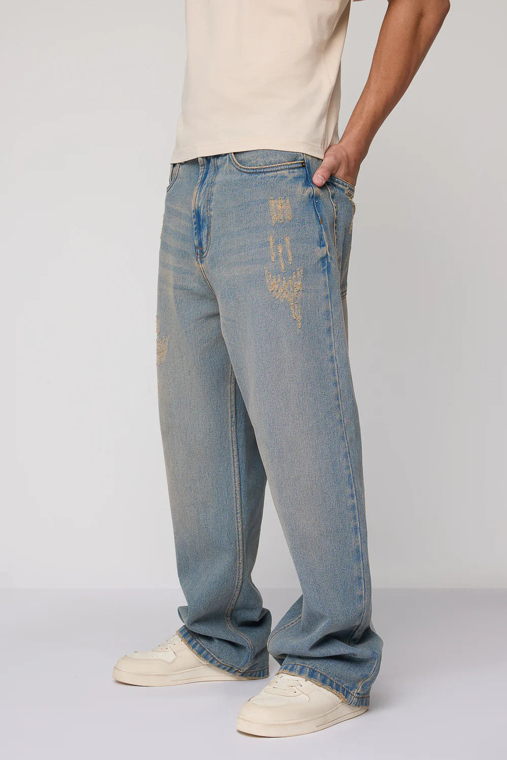 Classic Calm Blue Baggy Straight Fit Jeans for Men Streetwear