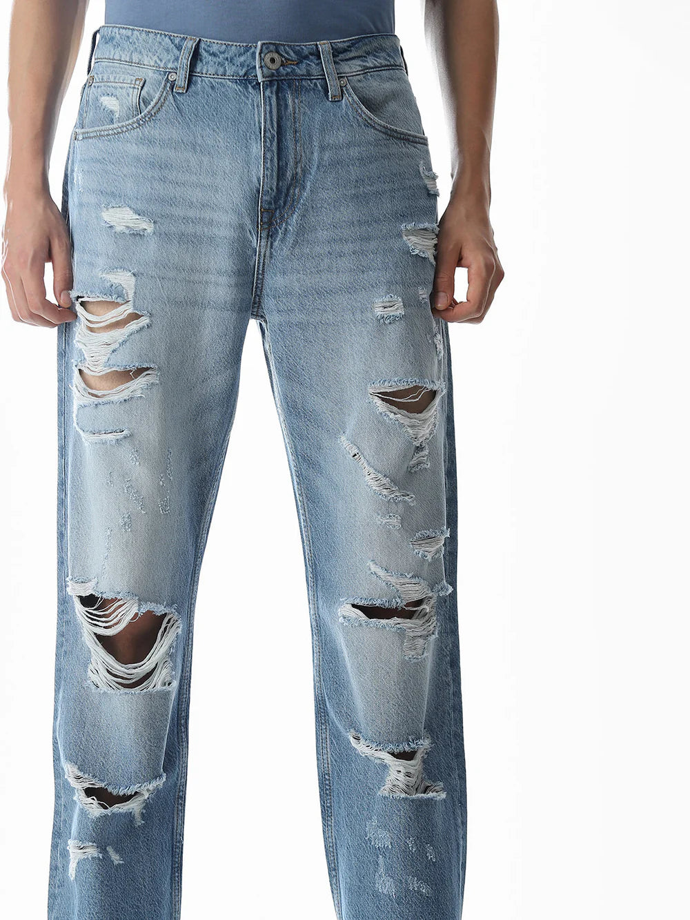 Classic Light Blue Loose Fit Jeans for Men Distressed Casual Look