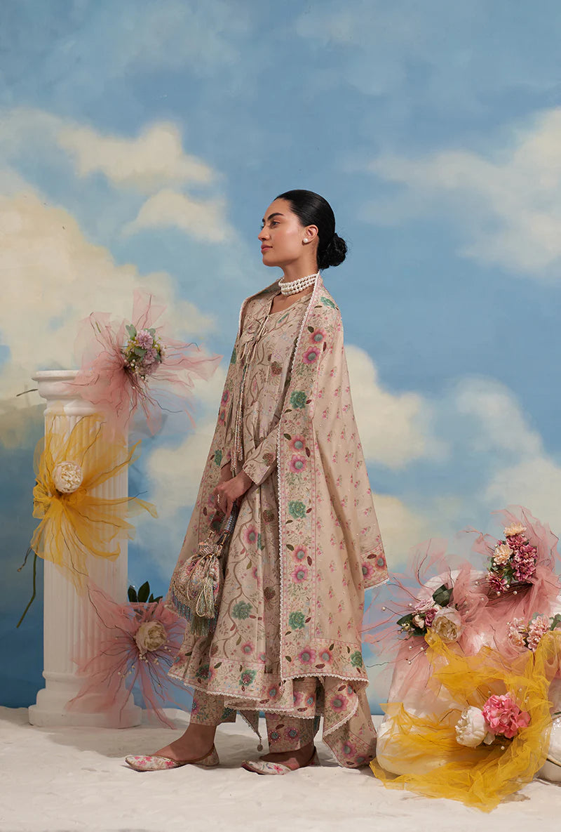 Women’s Ivory Festive Anarkali Kurta Set with Intricate Mughal Inspired Design