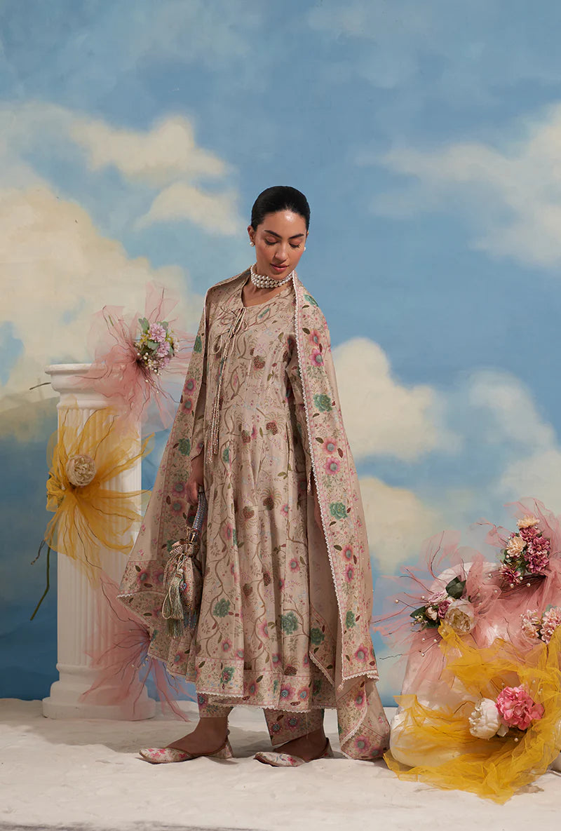 Women’s Ivory Festive Anarkali Kurta Set with Intricate Mughal Inspired Design