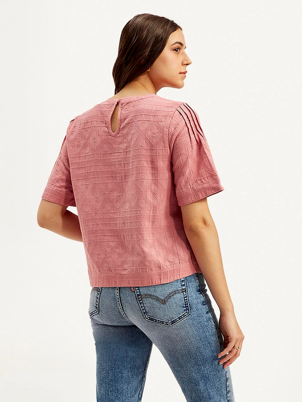 Relaxed Fit Women’s Pink Textured Round Neck Top in Breathable Cotton Blend