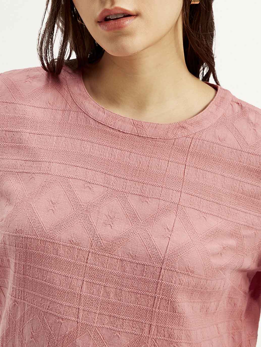 Relaxed Fit Women’s Pink Textured Round Neck Top in Breathable Cotton Blend