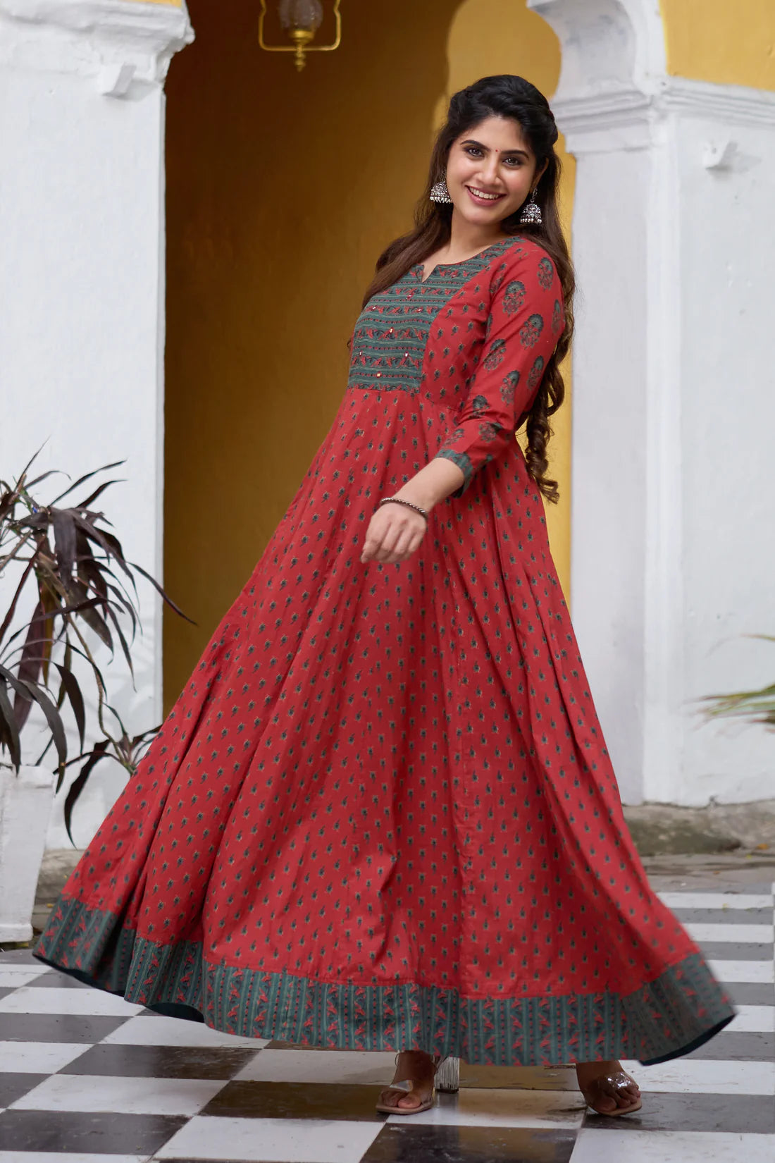 Rust Cotton Anarkali Suit with Floral Design and Foil Mirror Embellished Overlay