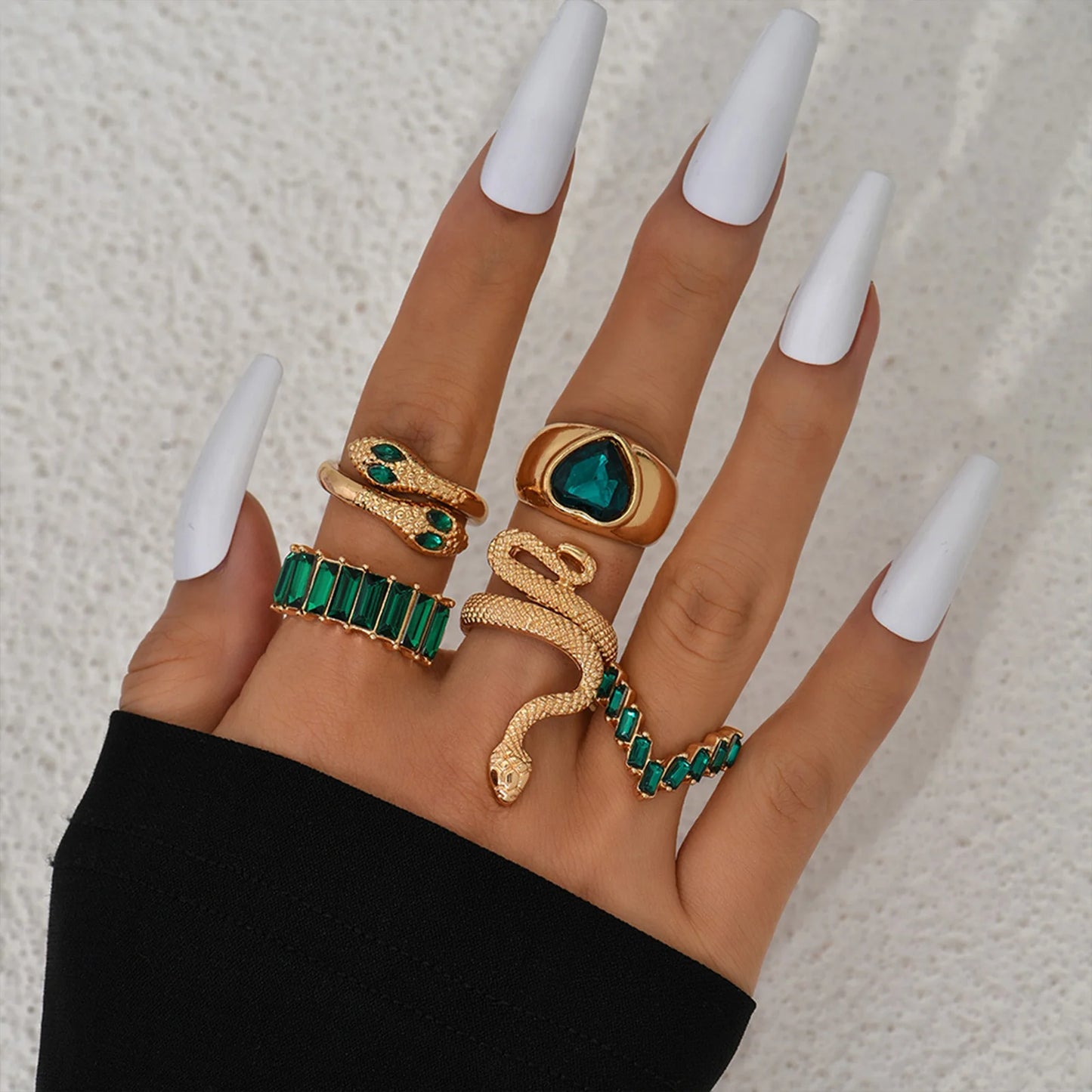 Unique Emerald and Gold Snake Ring Set for Layered Styling