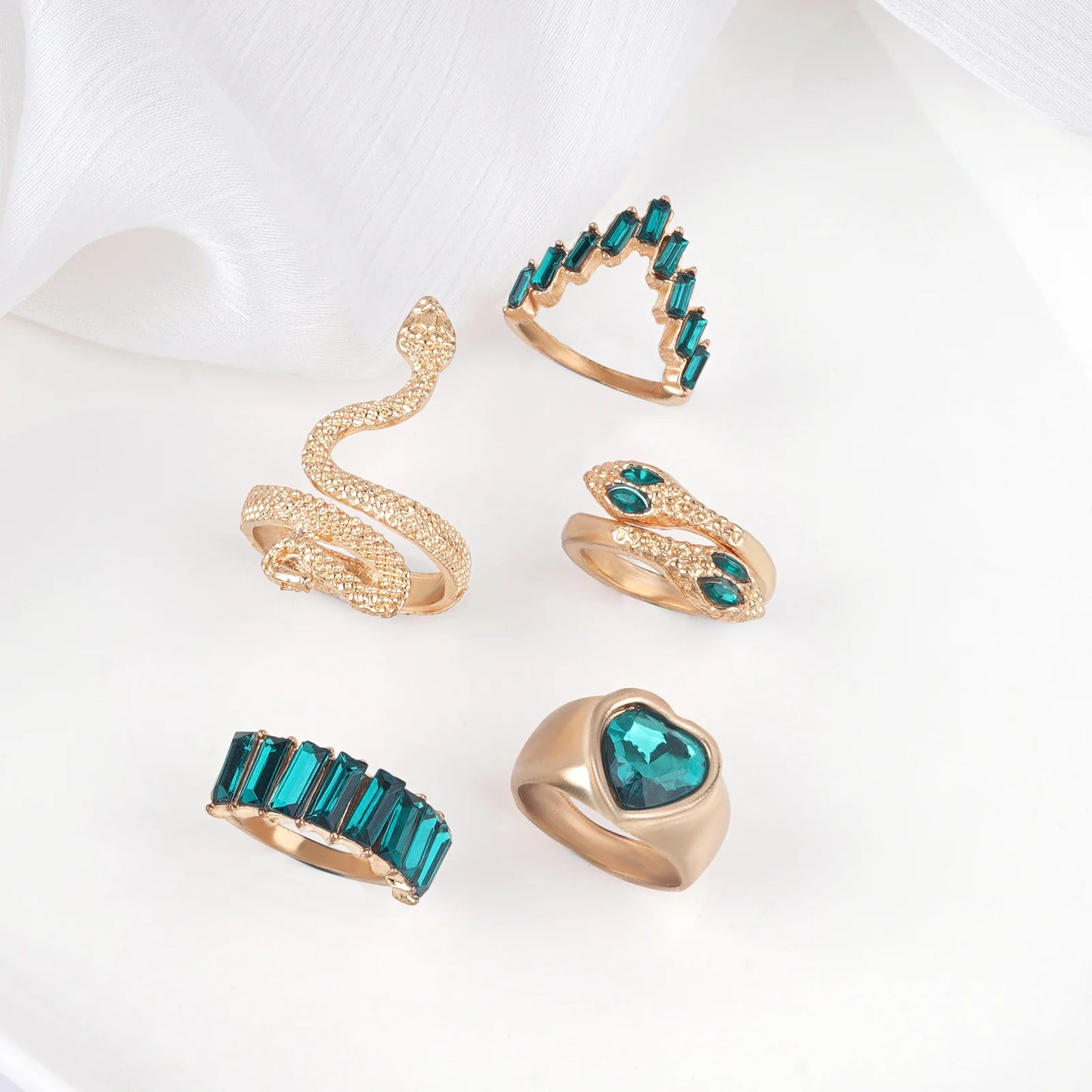Unique Emerald and Gold Snake Ring Set for Layered Styling