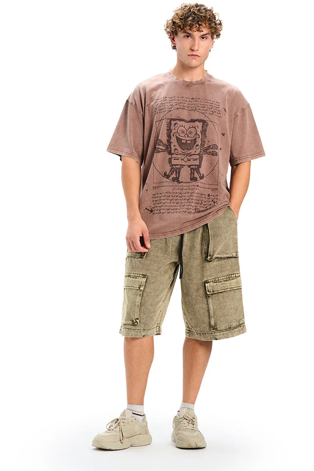 Brown Cotton Oversized T-Shirt Featuring Fun SpongeBob Graphic for Men