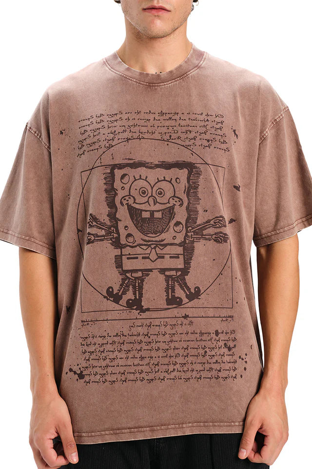 Brown Cotton Oversized T-Shirt Featuring Fun SpongeBob Graphic for Men