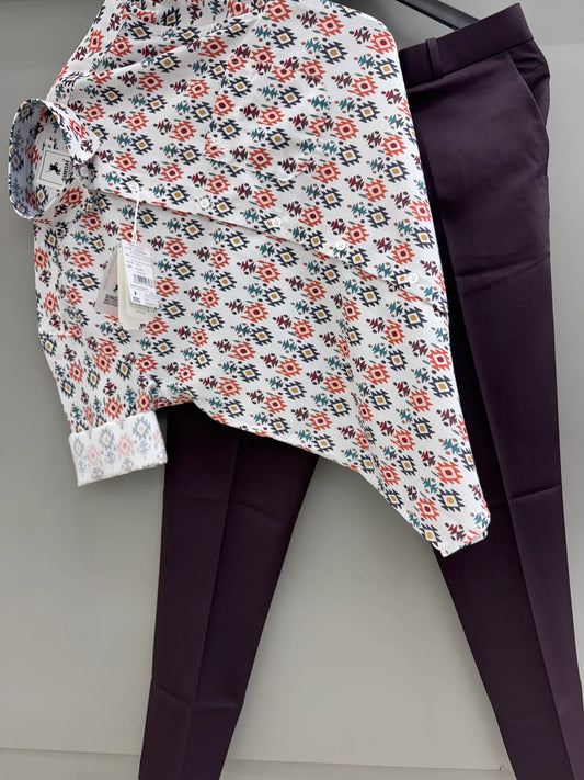 Stylish Men’s Office Ready Combo with White Orange Dot Printed Shirt and Maroon Pant