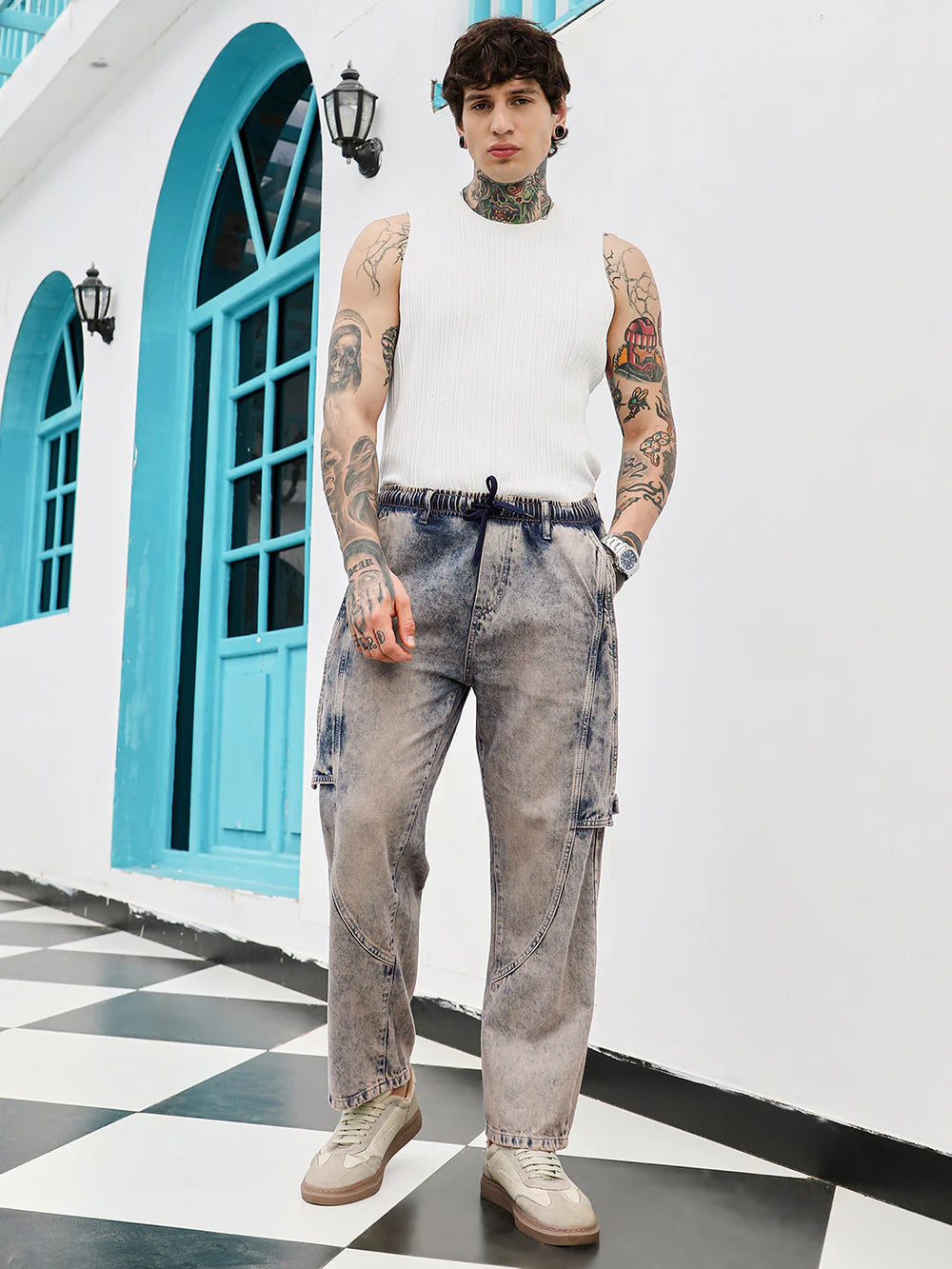 Casual Loose Fit Acid Wash Panelled Denim Jeans for Men