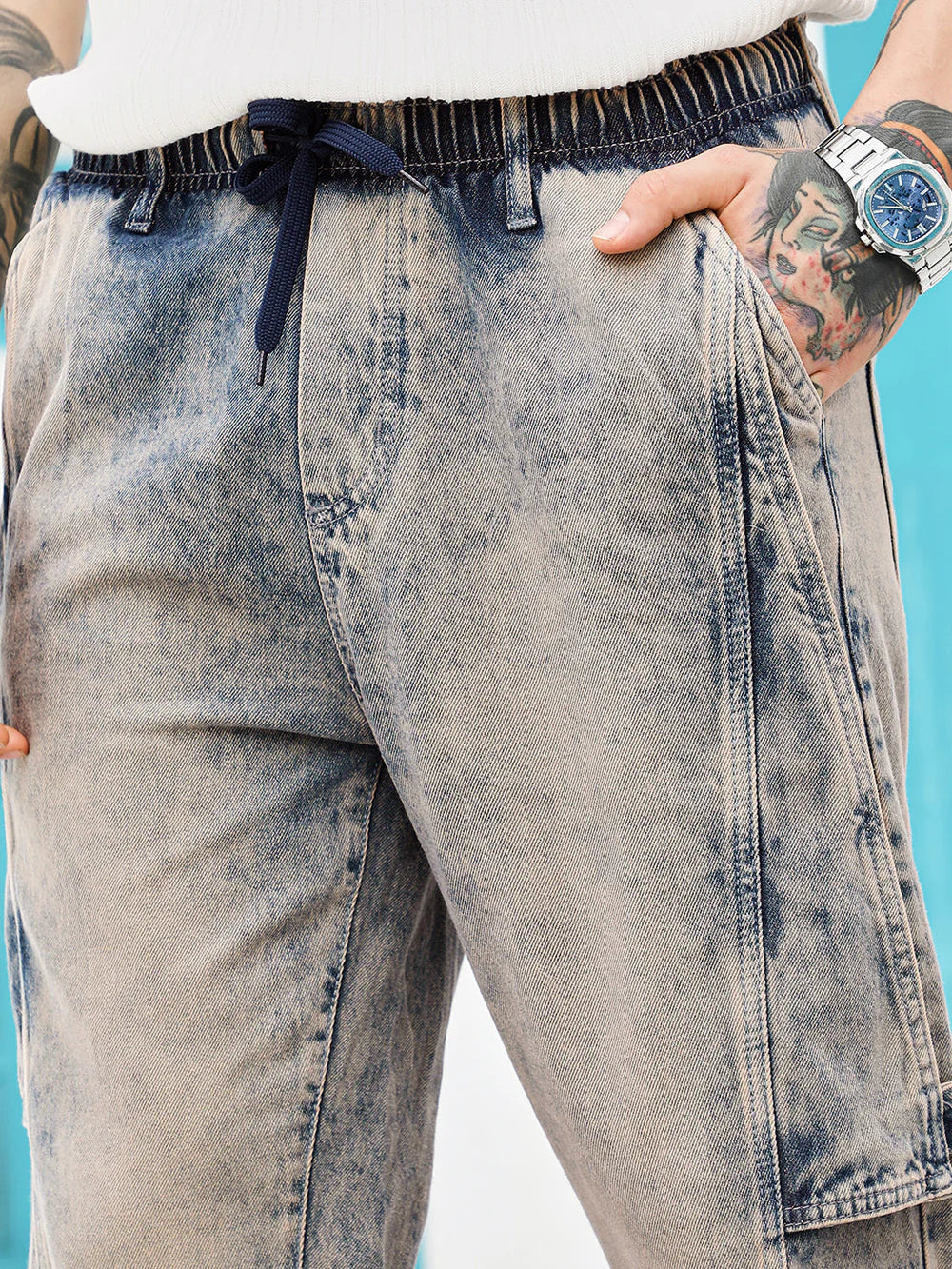 Casual Loose Fit Acid Wash Panelled Denim Jeans for Men