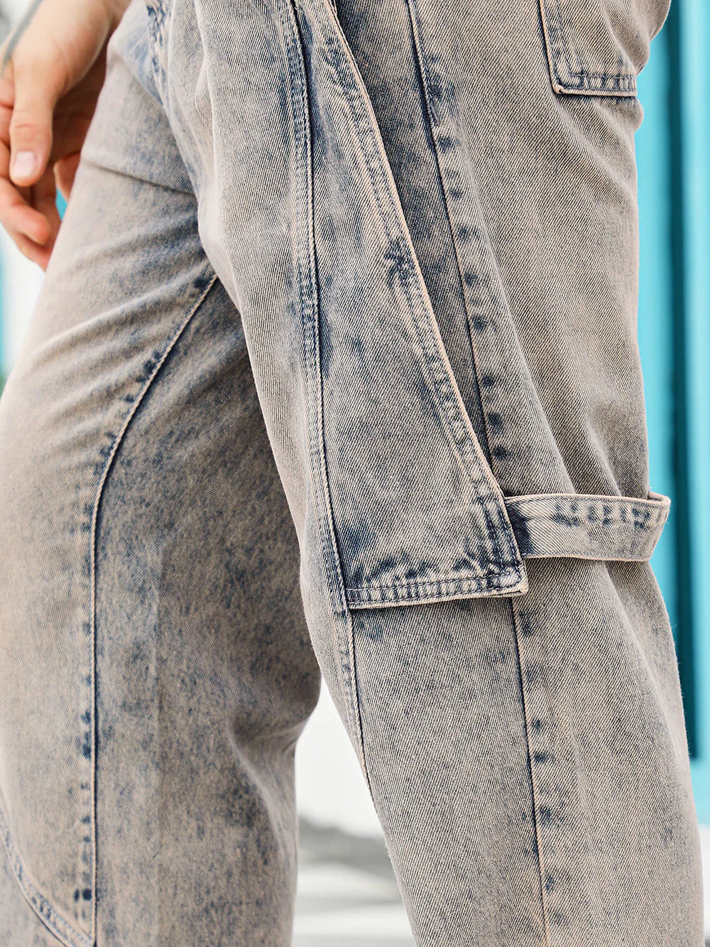 Casual Loose Fit Acid Wash Panelled Denim Jeans for Men