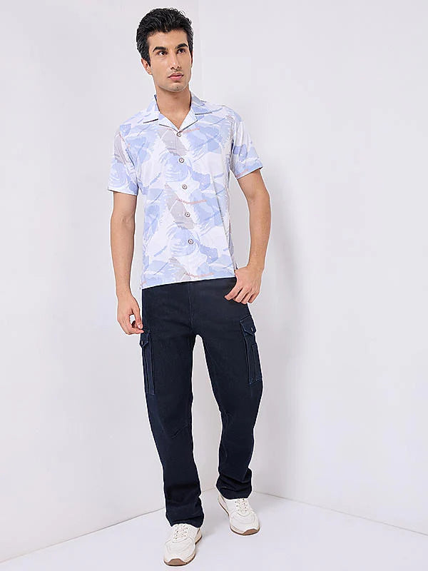 Fashionable Light Blue Slim Fit Shirt for Men with Modern Print Patterns