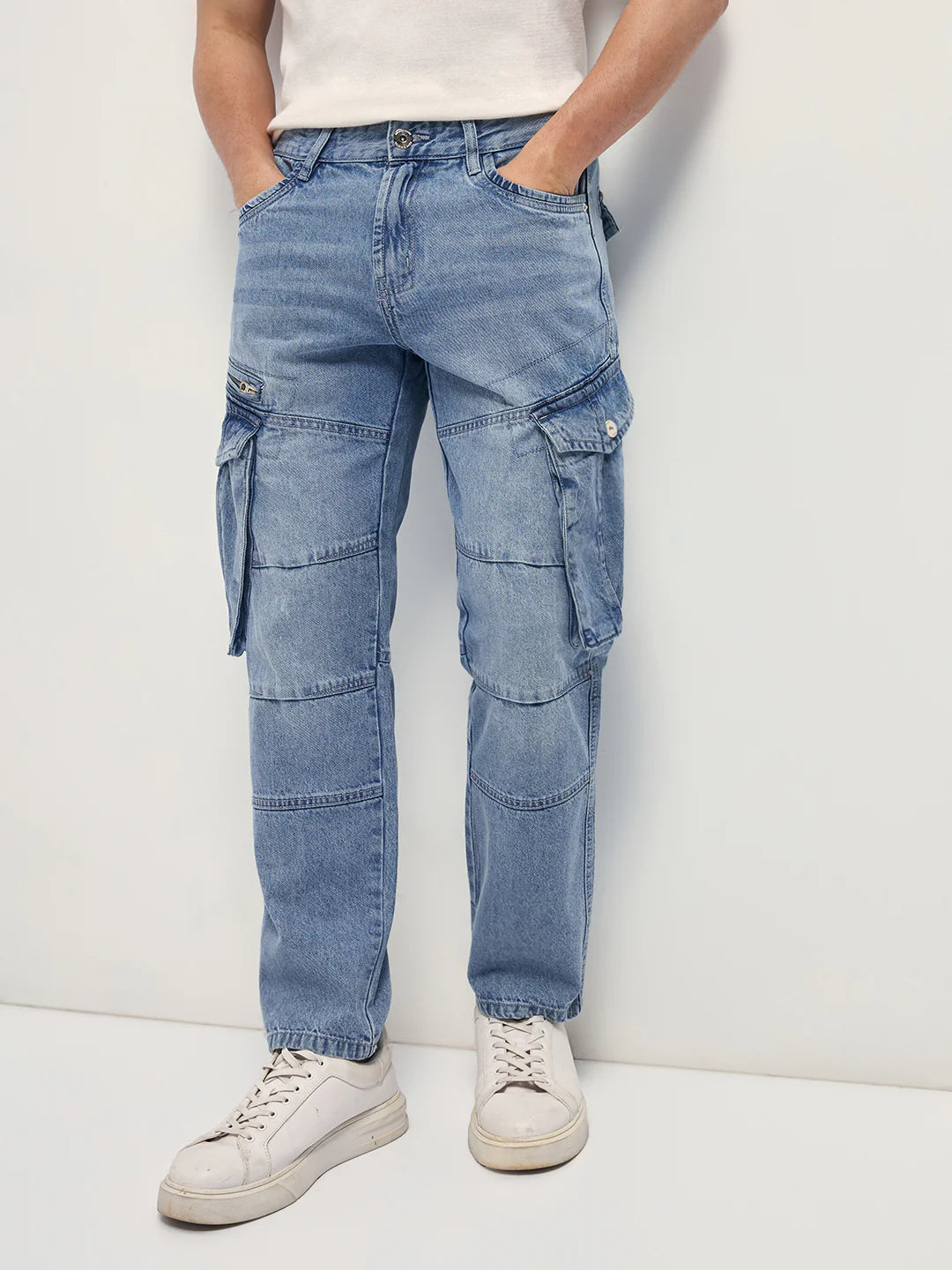 Comfortable Men’s Light Blue Straight Fit Cargo Jeans Everyday Wear