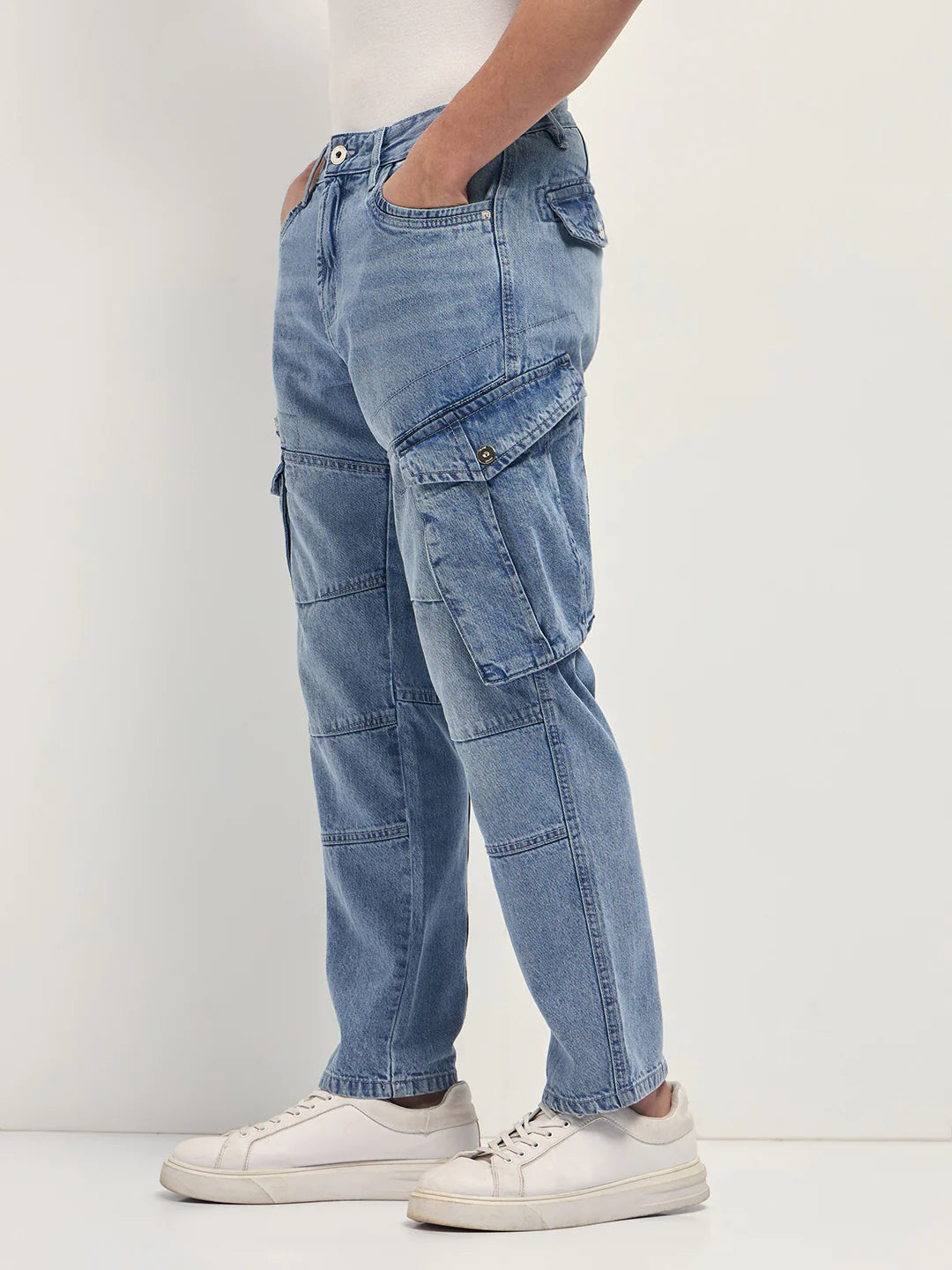 Comfortable Men’s Light Blue Straight Fit Cargo Jeans Everyday Wear
