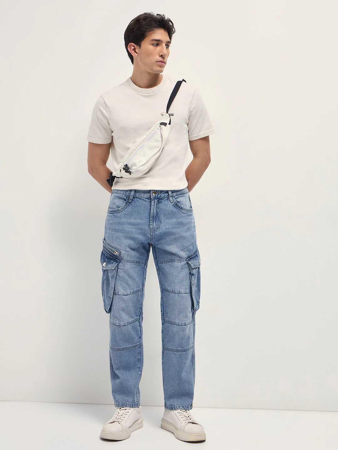 Comfortable Men’s Light Blue Straight Fit Cargo Jeans Everyday Wear
