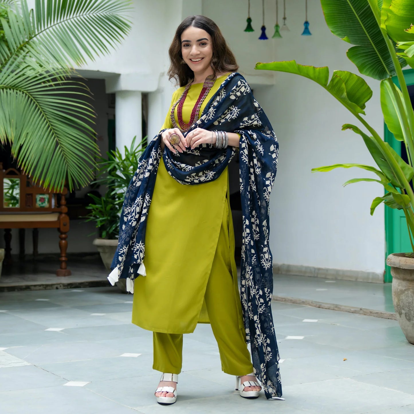 Olive Green Women’s Salwar Kurta Set with Indigo Dupatta Stylish Comfortable and Ideal for Traditional Occasions