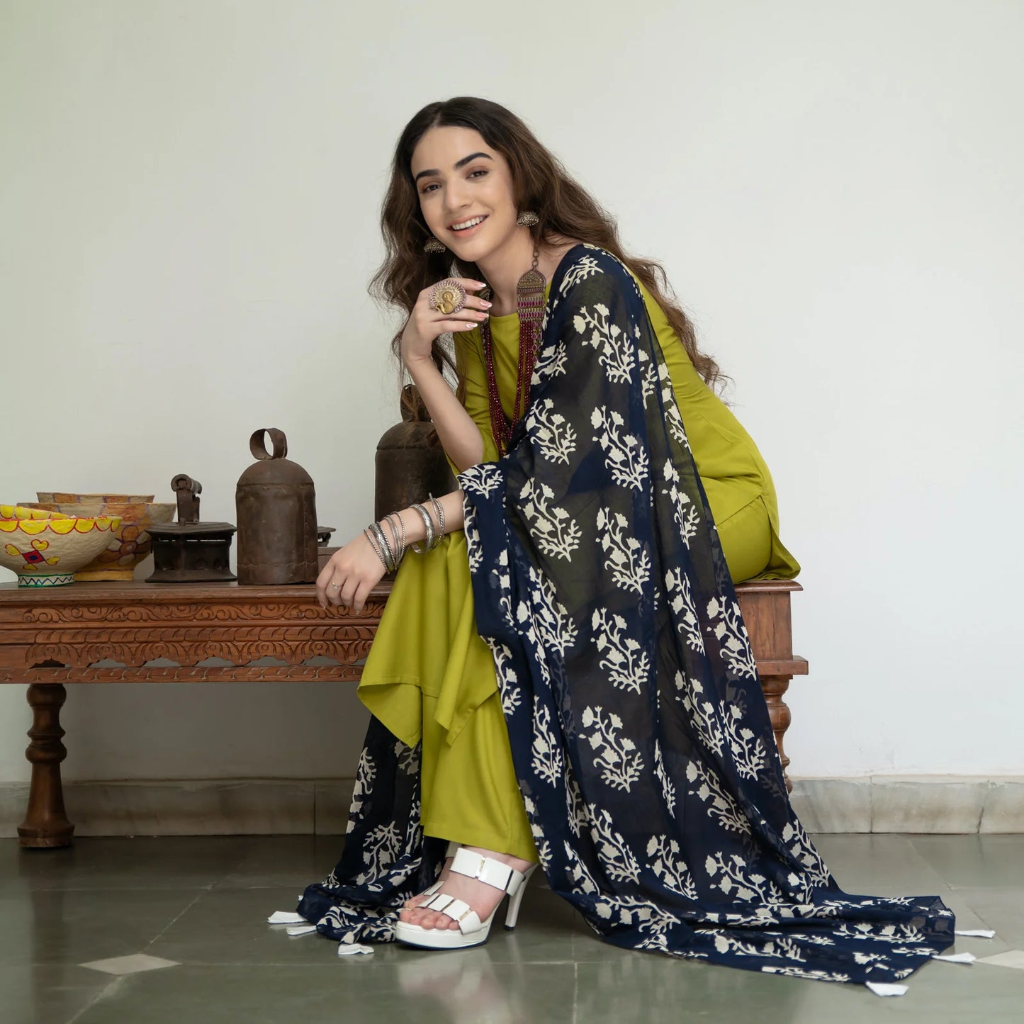 Olive Green Women’s Salwar Kurta Set with Indigo Dupatta Stylish Comfortable and Ideal for Traditional Occasions