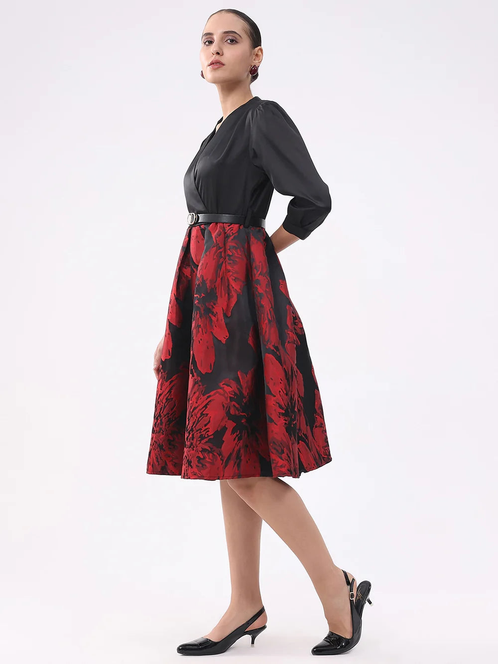 Modern Satin Fit and Flare Dress in Black and Red Combination for Parties