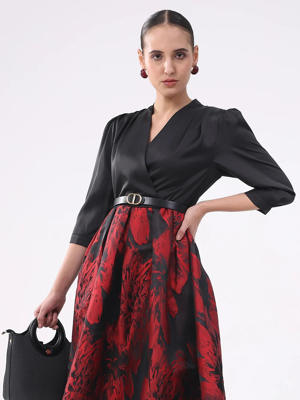 Modern Satin Fit and Flare Dress in Black and Red Combination for Parties