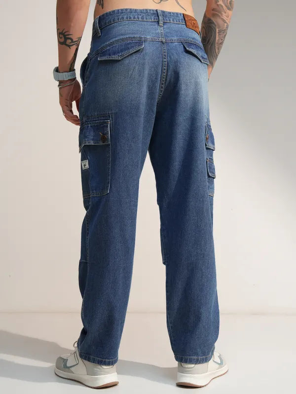 Men’s Casual Baggy Fit Stretchable Blue Cargo Jeans for Daily Wear