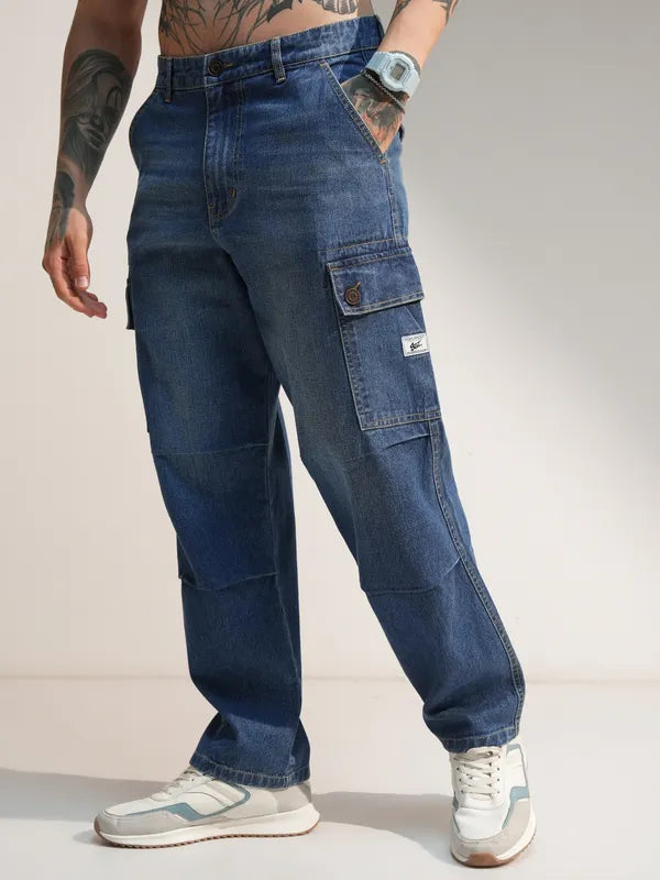 Men’s Casual Baggy Fit Stretchable Blue Cargo Jeans for Daily Wear