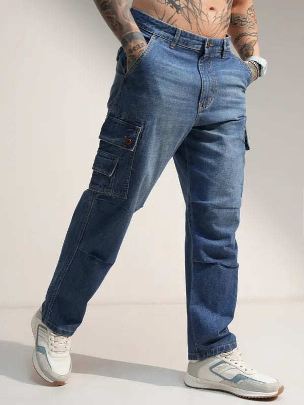Men’s Casual Baggy Fit Stretchable Blue Cargo Jeans for Daily Wear