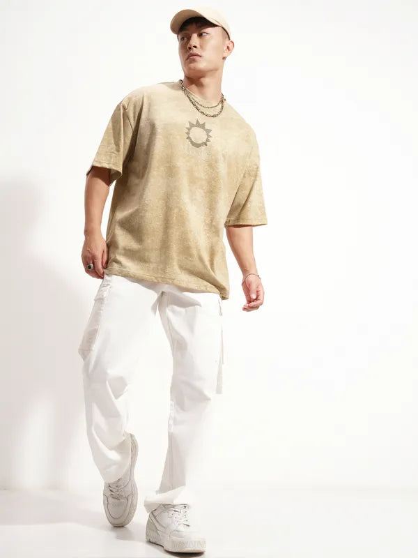 Men’s Khaki Oversized T-Shirt with Rick and Morty Graphic Print and Round Neck