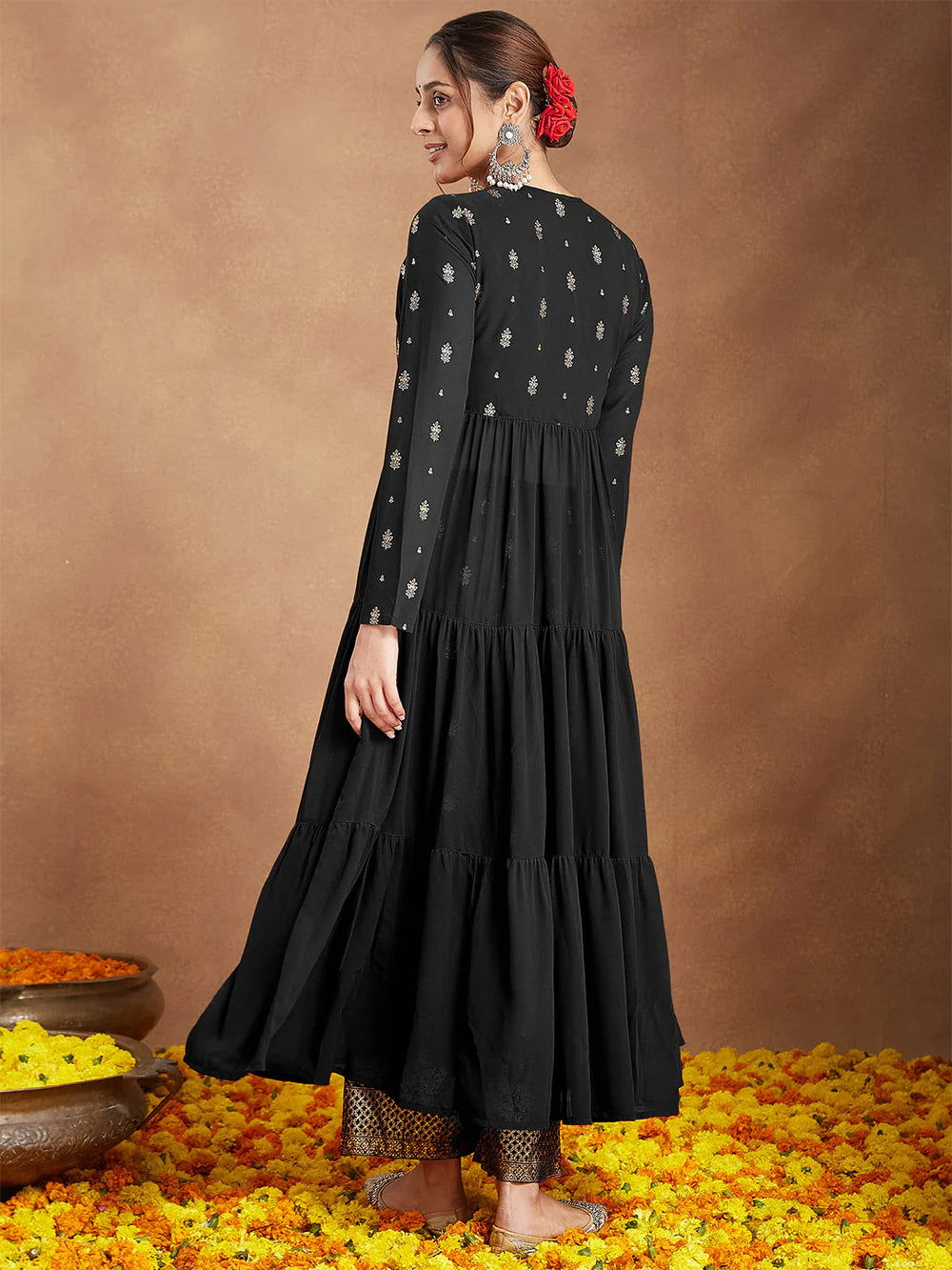 Stylish Black Georgette Women’s Kurta Pant Set Foil Printed Embellished Front Open Tiered Design Perfect for Holiday Celebrations