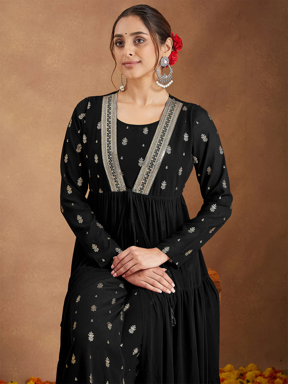 Stylish Black Georgette Women’s Kurta Pant Set Foil Printed Embellished Front Open Tiered Design Perfect for Holiday Celebrations