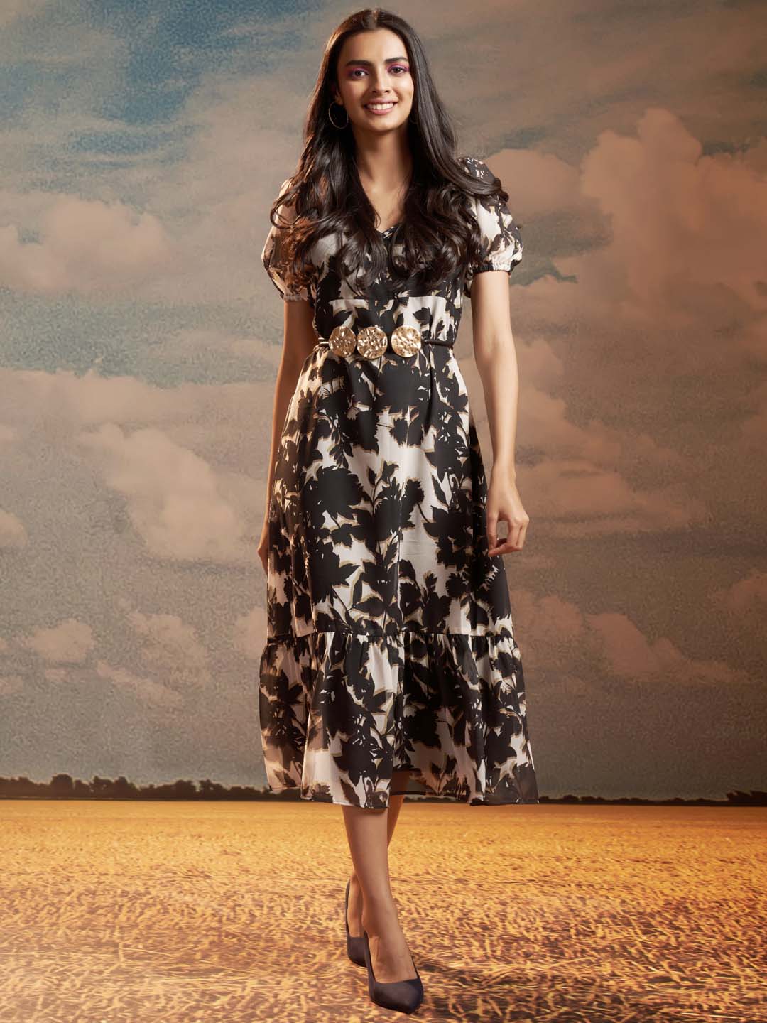 Modern Black Floral Georgette A-Line Midi Dress with Comfortable Silhouette