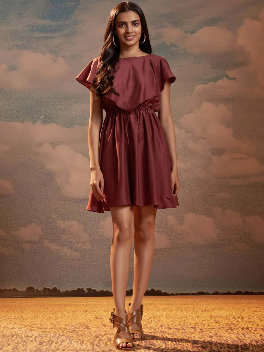Graceful Maroon Solid Dress with Flared Silhouette and Mini Length