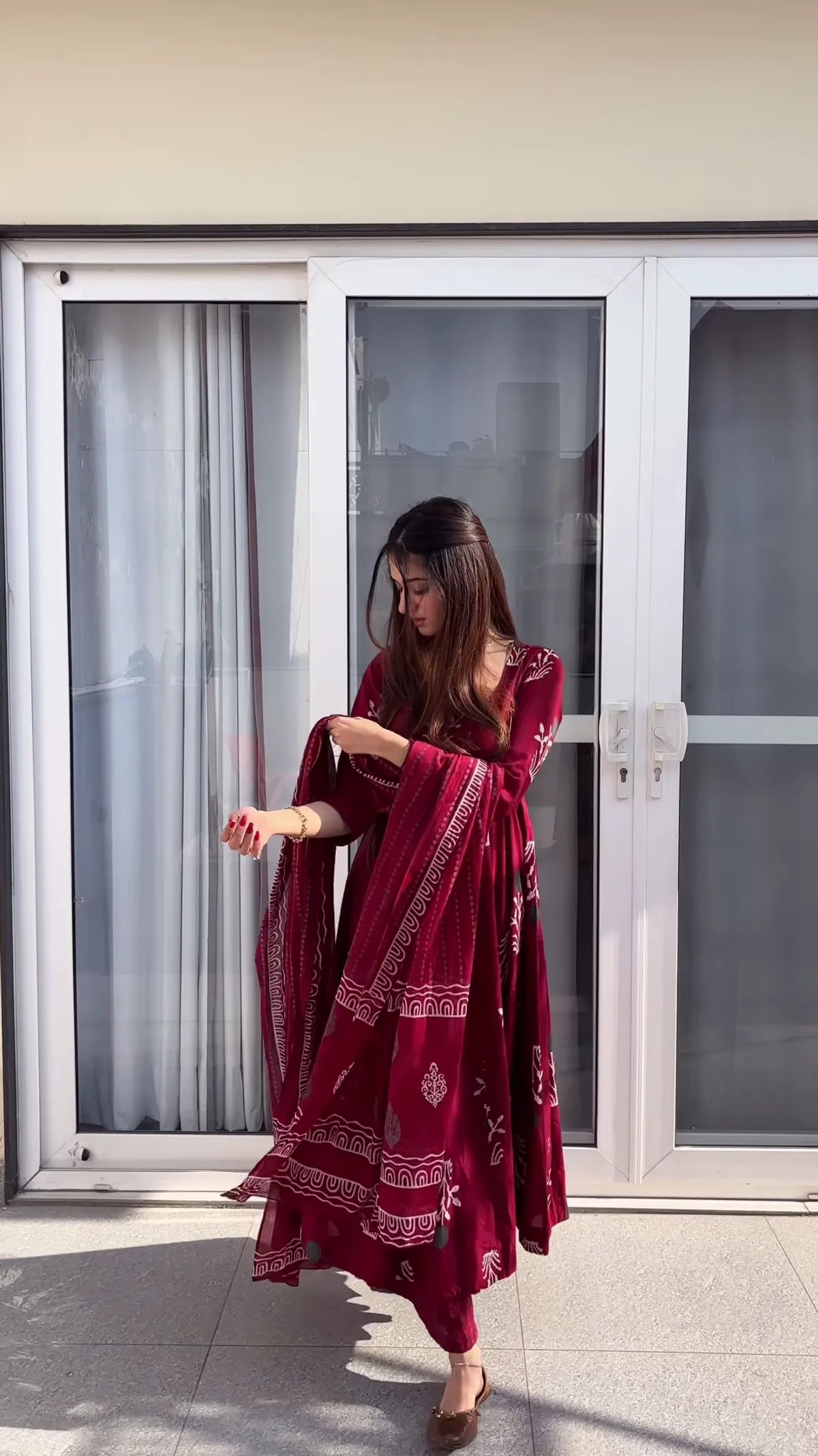 Premium Maroon Handblock Anarkali Dress with Full Flared Skirt and Detailed Traditional Print Work for Weddings and Festivals