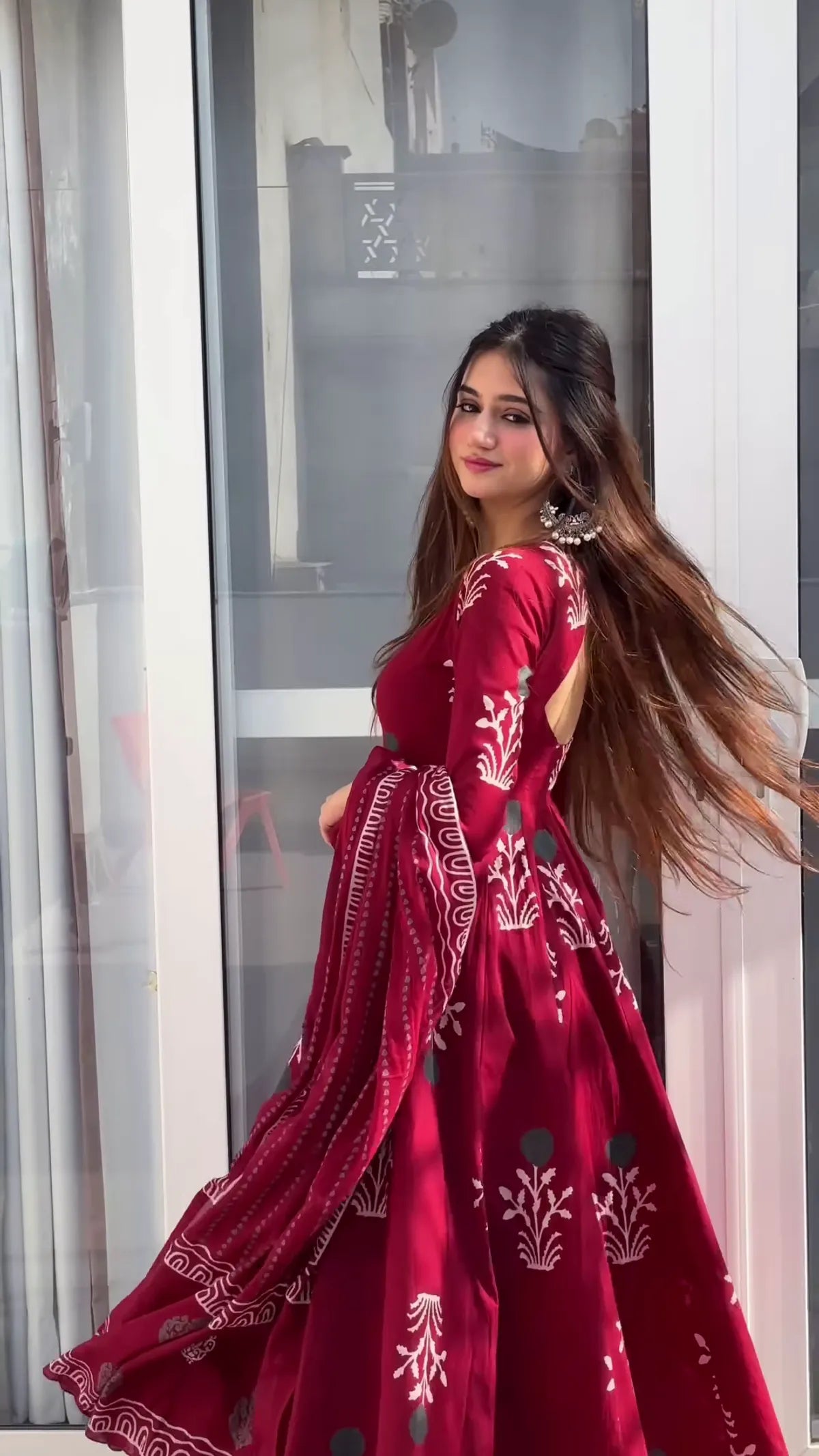 Premium Maroon Handblock Anarkali Dress with Full Flared Skirt and Detailed Traditional Print Work for Weddings and Festivals