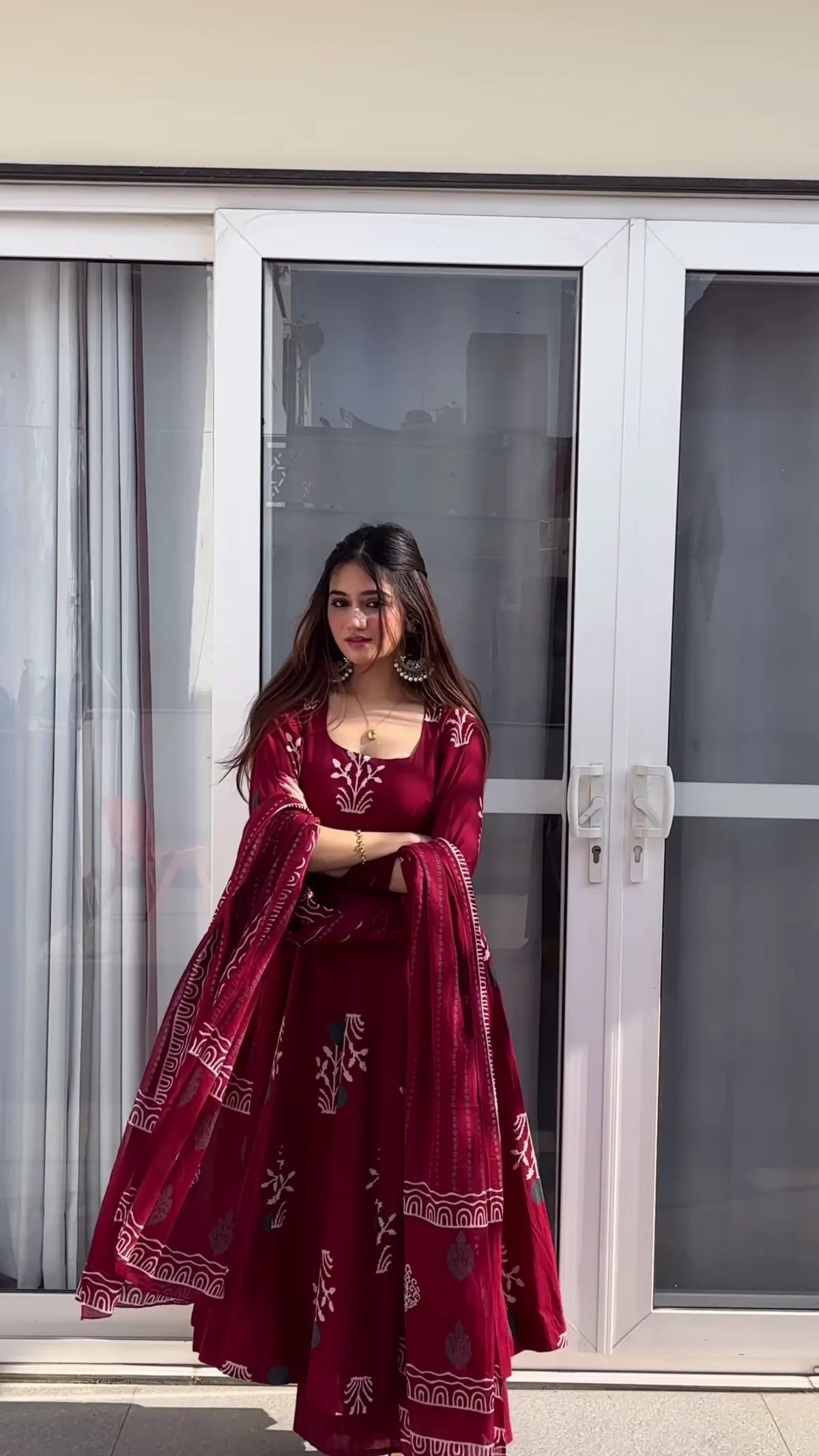 Premium Maroon Handblock Anarkali Dress with Full Flared Skirt and Detailed Traditional Print Work for Weddings and Festivals