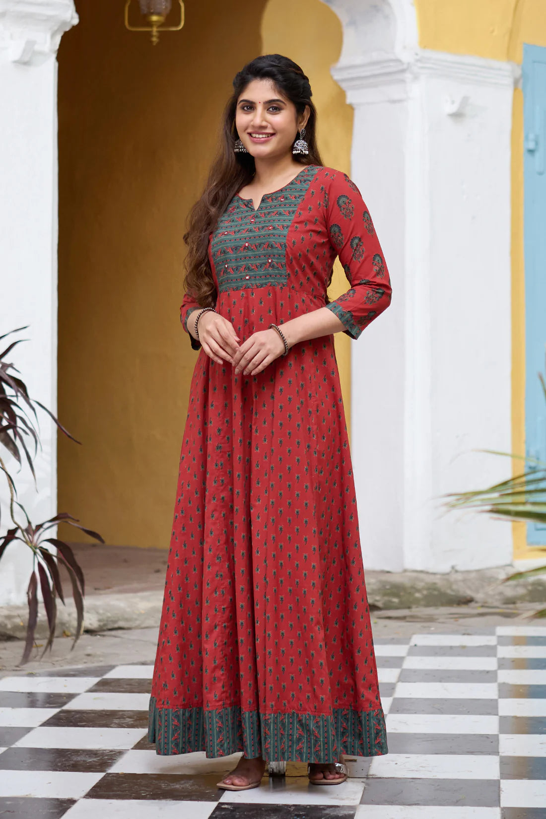 Rust Cotton Anarkali Suit with Floral Design and Foil Mirror Embellished Overlay