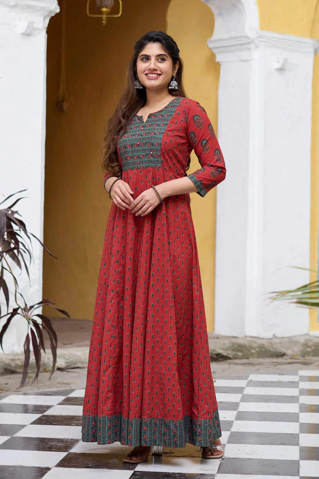 Rust Cotton Anarkali Suit with Floral Design and Foil Mirror Embellished Overlay